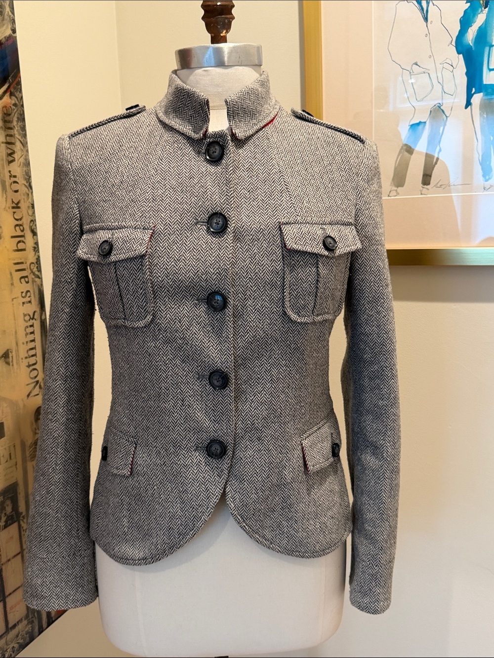 Operations for Levi’s Strauss Tailored Gray Herringbone Military-Style Blazer